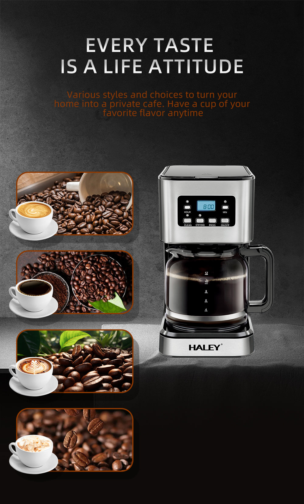 Aparat de Cafea HALEY 950W, 1.5L, LED Display, Anti-Drip, Brewing Inteligent, Inox, Control Temperatură Precis